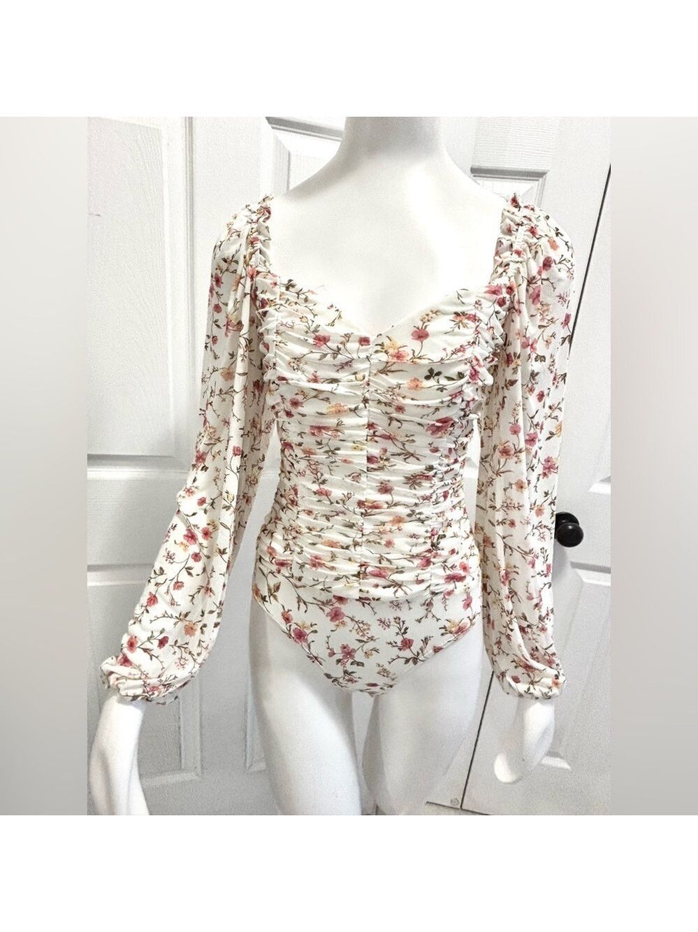 Lulus Floral Mesh Floral Print Puff Sleeve Bodysuit Ruched Lined Body Size Small